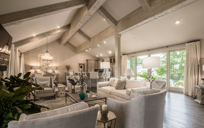 whitewashed beams in living room
